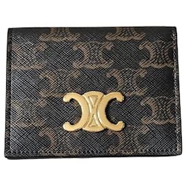 Céline Triomphe coated canvas card holder Brown Black Golden