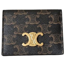 Céline Tarjetero Triomphe de lona revestida Castaño Negro Dorado