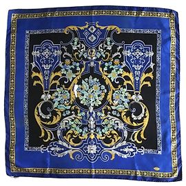 Gianni Versace 90s Silk Scarf Baroque Floral Print Monogram Black Blue Golden