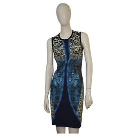 ROBERTO CAVALLI Etuikleid mit blau-cremefarbenem Barock-Damast-Print IT 44 Blau Beige Dunkelbraun