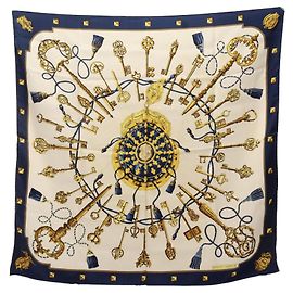 Hermès Lenço de seda Hermes Carre 90 Les Cles Branco Amarelo Azul marinho