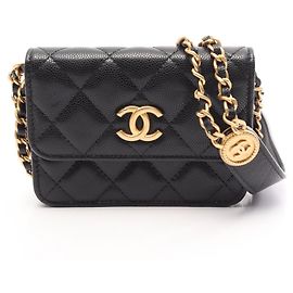 Tarjetero Chanel de piel de becerro granulada negra Negro