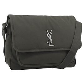 Bolsa de Ombro SAINT LAURENT Canvas Khaki Silver 757146 Auth 196092 Prata Caqui