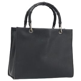 GUCCI Bamboo Tote Bag Leather 2way Black Silver 002 1016 Auth 194370 Black Silvery