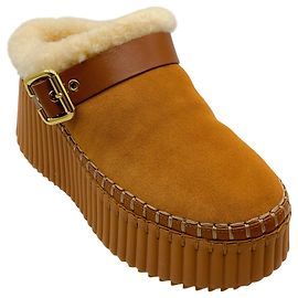 Chloé Chloe Pottery Brown Suede Shearling Lined Nama Platform Clogs Brown