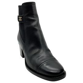 Chanel Black Leather CC Chelsea Boots Black