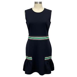 Christopher Kane Navy Blue Stretch Knit Peplum Hem Dress with Green Stripe Elastic Navy blue