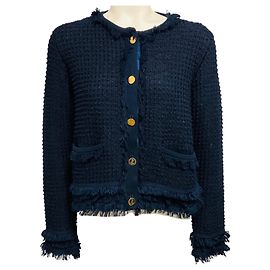 Cardigan en maille de coton bleu marine à franges Thom Browne avec boutons ancre dorés Bleu Marine