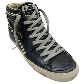 Golden Goose Deluxe Brand Black Leather Slide High Top Sneakers with Silver Studs Black