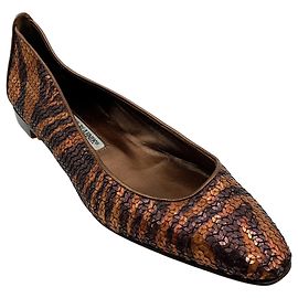 Manolo Blahnik Brown Sequined Animal Print Flats Brown