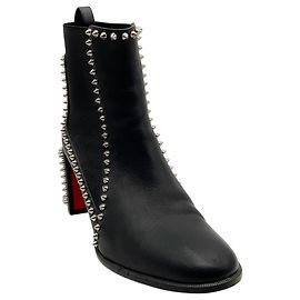 Christian Louboutin Black Leather Out Line Spikes Ankle Boots Black