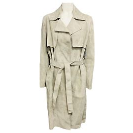 Autre Marque Fleurette Fawn Mid Length Suede Leather Coat with Belt Beige