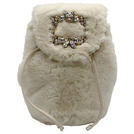 Roger Vivier Ivory Beaver Backpack with Crystal Embellishment Beige