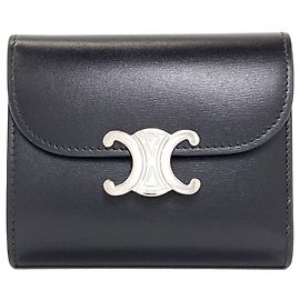 Céline Celine Small Flap Wallet Triomphe Tri-fold Leather Schwarz