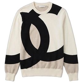 Chanel CC Logo Strickpullover aus Wolle Schwarz Weiß Beige