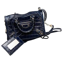 Sac Balenciaga Neo Classic City Mini en cuir bleu effet crocodile