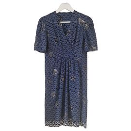 Lanvin Paris Midikleid mit blauem Blumenprint Weiß Blau Marineblau