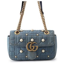 Bolsa de Ombro Gucci GG Marmont Small em Denim com Corrente Azul