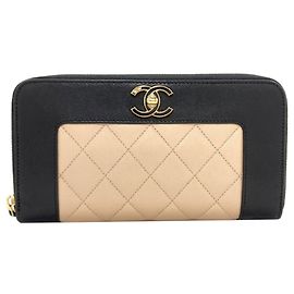 Chanel Mademoiselle Gold Hardware Long Wallet Black Beige