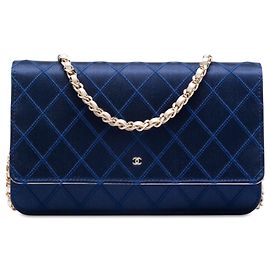 Chanel Blue CC Satin Diamond Stitch Wallet On Chain Blue Navy blue