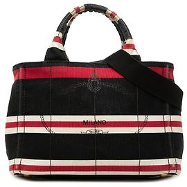 Prada Borsa Tote Small Canvas Canapa Logo Stripes Nera Nero