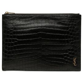Saint Laurent Porta tablet con zip Tiny Monogram in pelle embossed croc nera Nero