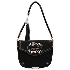 Borsa a tracolla con patta Gucci Black Small GG Canvas Britt Tassel Nero