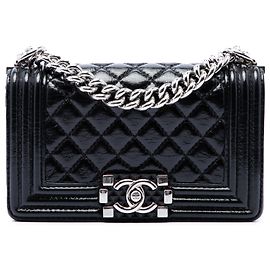 Chanel Black Small Quilted Crinkled Patent Boy Flap Nero