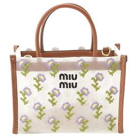 Miu Miu White Leather Trimmed Embroidered Mesh Top Handle Bag White