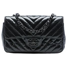 Chanel Mini Rectangular Classic Chevron Crumpled Patent So Black Single Flap Nero Nero