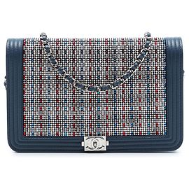 Chanel Blue Crystal Embellished Lambskin Boy Wallet On Chain Blue Navy blue