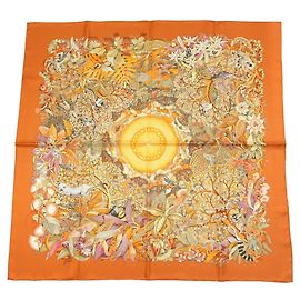 Lenço de seda Hermès Au Coeur de la Vie 90 cm - Laranja/Castanho Marrom Rosa Branco Dourado Verde Laranja