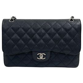 Chanel Borsa a tracolla Caviar Classic Large (Jumbo) con catena argento Nero