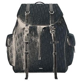 Dior Mochila com aba Hit the Road Jacquard Black Oblique e couro de bezerro grão preto Preto
