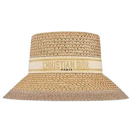 Dior Chapéu de aba larga Ecru com faixa bordada em tom dourado, Palha Vermelho