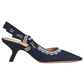 Dior Escarpins Slingback Blue Oblique en coton brodé et dentelle blanche Bleu