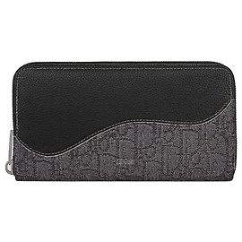 Dior Carteira Longa com Zíper Saddle em couro de bezerro grão preto e marqueteria jacquard preta Preto