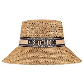 Dior Chapéu de aba larga Bege com faixa bordada Preta, Palha Marrom