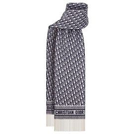 Dior Cachecol Oblique Ecru Navy Blue em Cashmere Azul