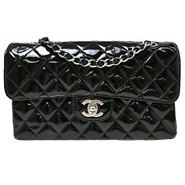 Chanel Timeless - Classic Double Flap Quilted Crinkled Patent Medium Nero