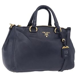 PRADA Handtasche Leder 2way Navy Gold Auth 196781V Golden Marineblau