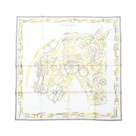 Lenço de seda Hermès Carré 90 "COMPLICATION EQUESTR" em Cinza x Amarelo Cinza