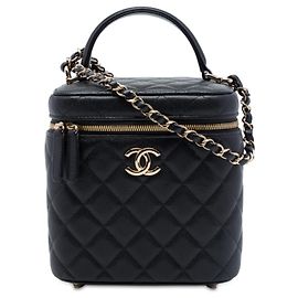 Black Chanel CC Quilted Caviar Top Handle Vanity with Chain Satchel Black