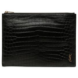 Black Saint Laurent Croc Embossed Leather Tiny Monogram Zipped Tablet Holder Clutch Bag Black