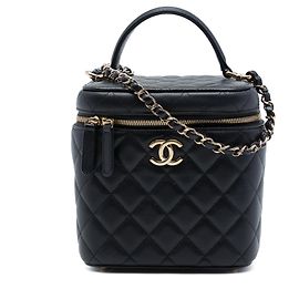 Mala Vanity Chanel CC em couro Caviar matelassé preto com alça de mão e corrente Preto