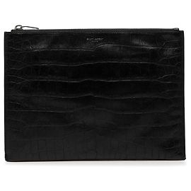 Black Saint Laurent Croc Embossed Leather Monogram Document Holder Clutch Bag Black