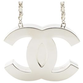 Collana Specchio Chanel CC in Ottone e Pelle d'Agnello Argentata Argento