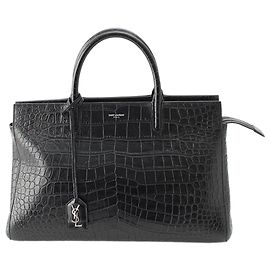 Bolsa Saint Laurent Medium Cabas Rive Gauche em couro de bezerro com relevo de crocodilo preta Preto
