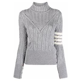 Thom Browne Irischer Pointelle-Rollkragenpullover mit diagonalen Armbändern Silber