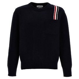 Thom Browne Pull en maille col rond à rayures RWB Navy Noir